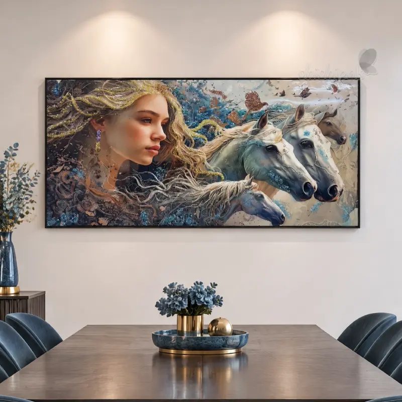 تابلو تمام رزین اسب ها و دختر زیبا با طرح برجسته ابعاد 150*80
