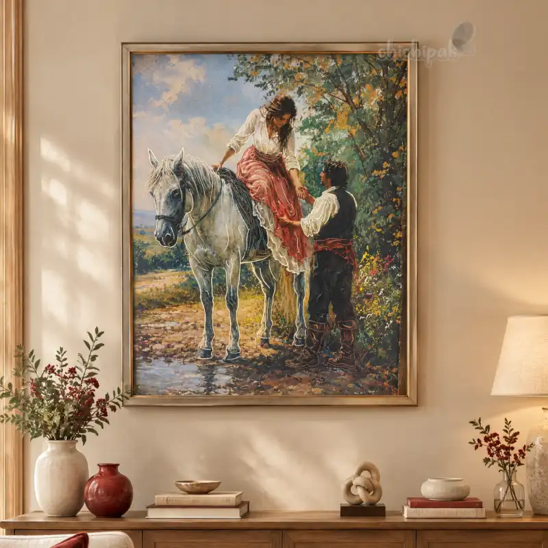 تابلو تکسچر مرد و زن روستایی و اسب سفید